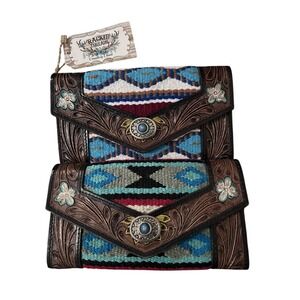 Turquoise Southwestern Wallet Stone Leather Trim Saddle Blanket Western New
